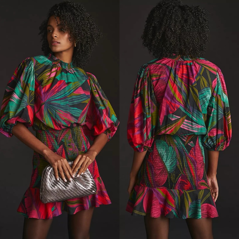 Farm Rio Smocked Puff-Sleeve Mini Dress in Midnight Leaves